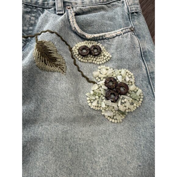 Le Jealous Vintage Denim Skirt Y2K Beaded Floral 42 Large Boho Hippie Festival - Picture 2 of 9